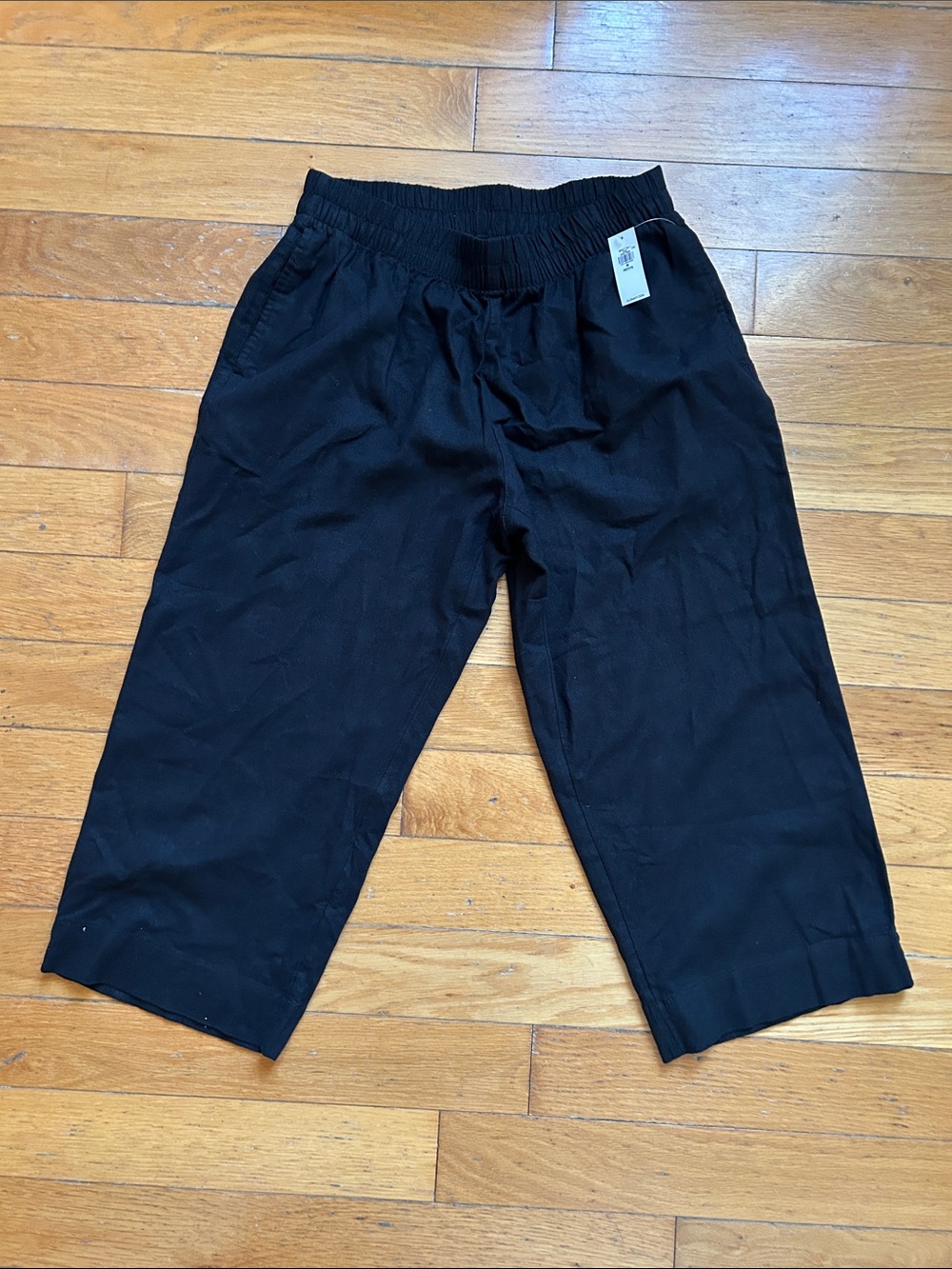 Old Navy Women Medium Petite High Rise Linen Blend Pants Black Elastic-Waist